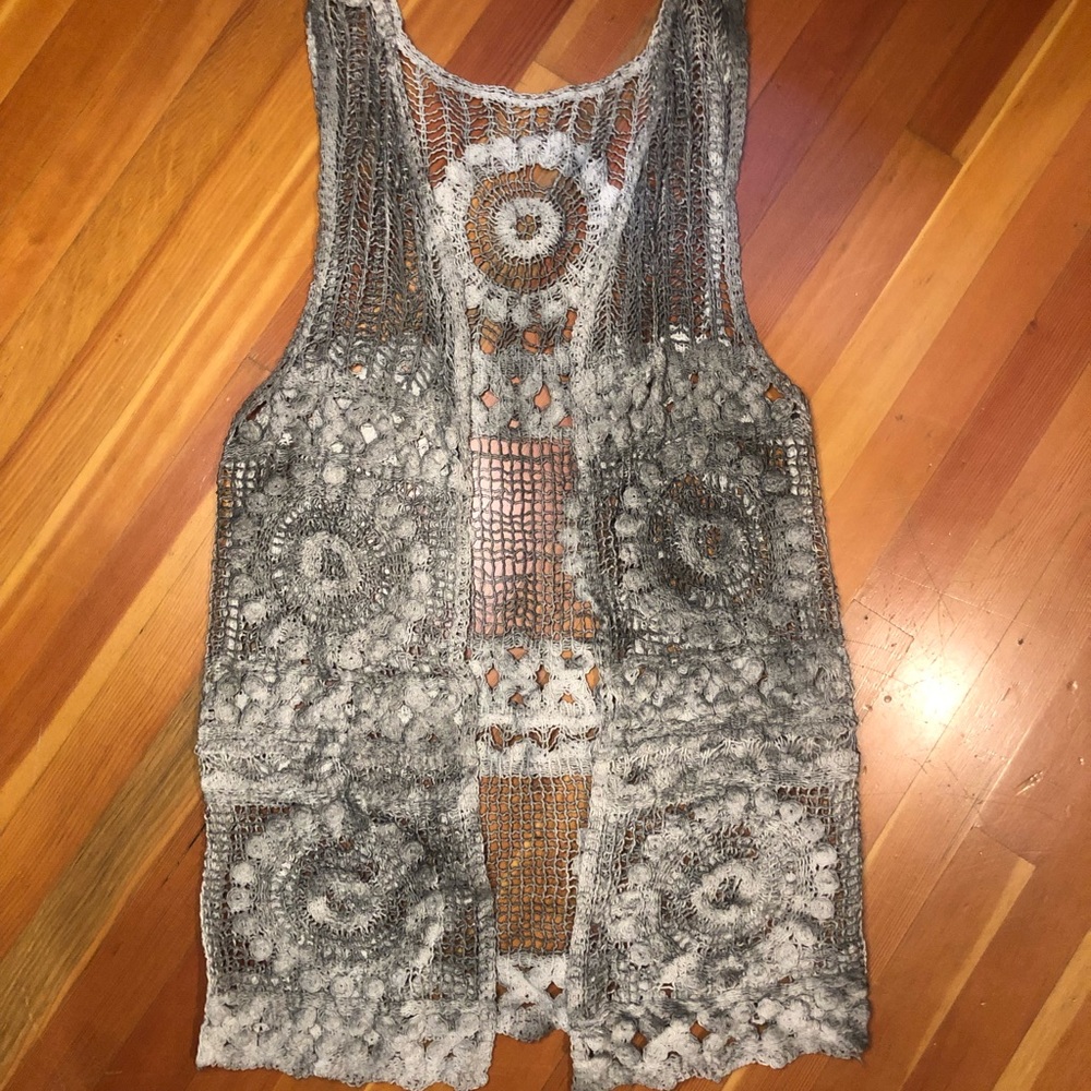 boho crochet vest washed grey and cream OS EUC